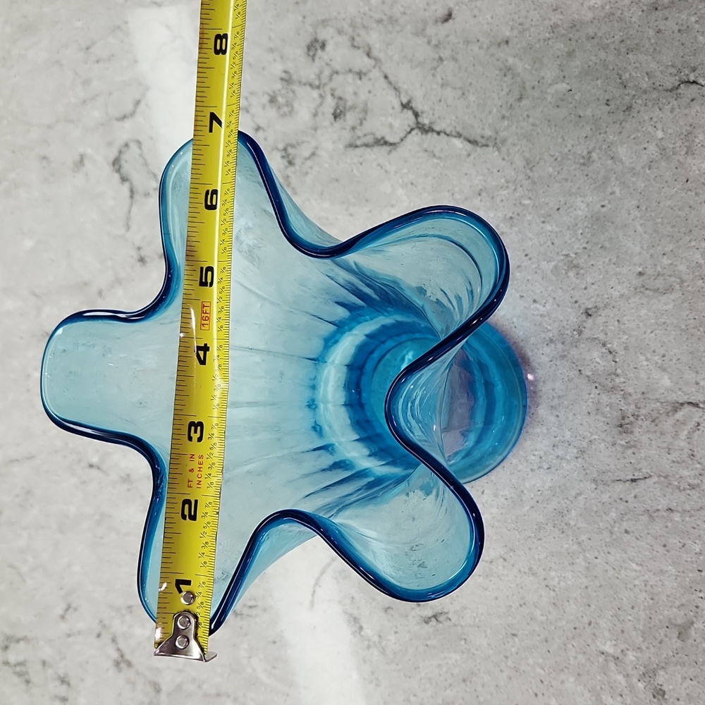 Vintage Turquoise Glass Crimped Top Vase - Picture 3 of 9